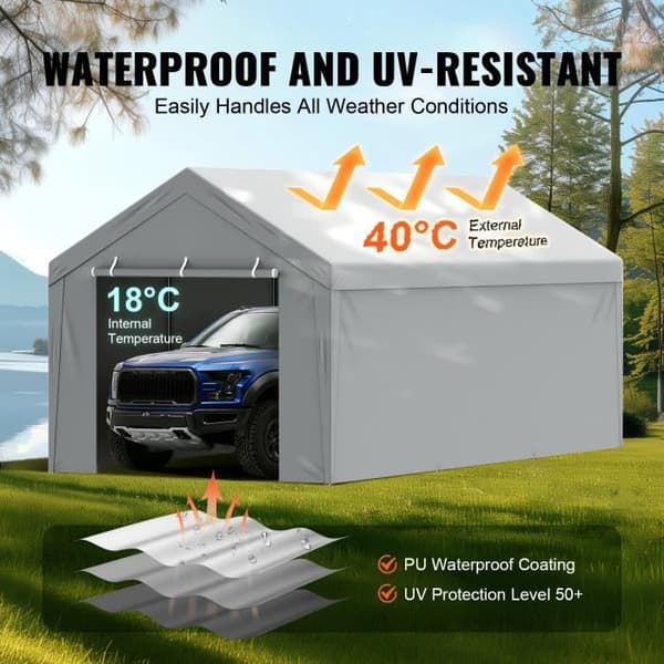Ersättande carport markis duk-VEVOR-6,1x3 m, sidovägg garage presenning, vattentät och UV-skyddad, grå