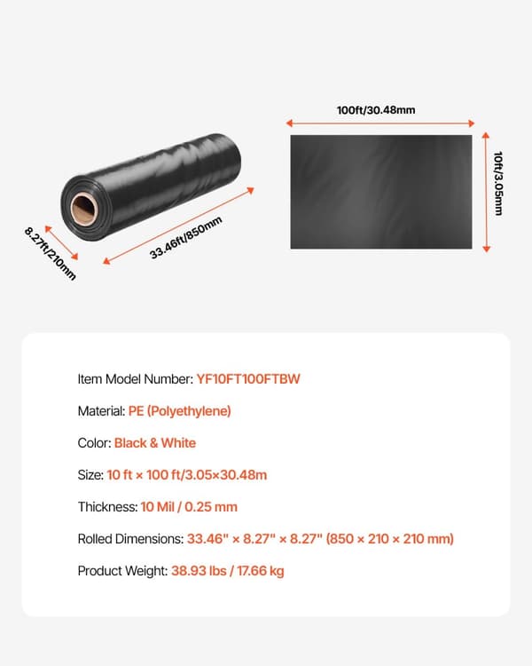 VEVOR Muovikalvo, Kestävä 10 Mil Paksuus, Monikäyttöinen 10ft x 100ft Koko,10Mil