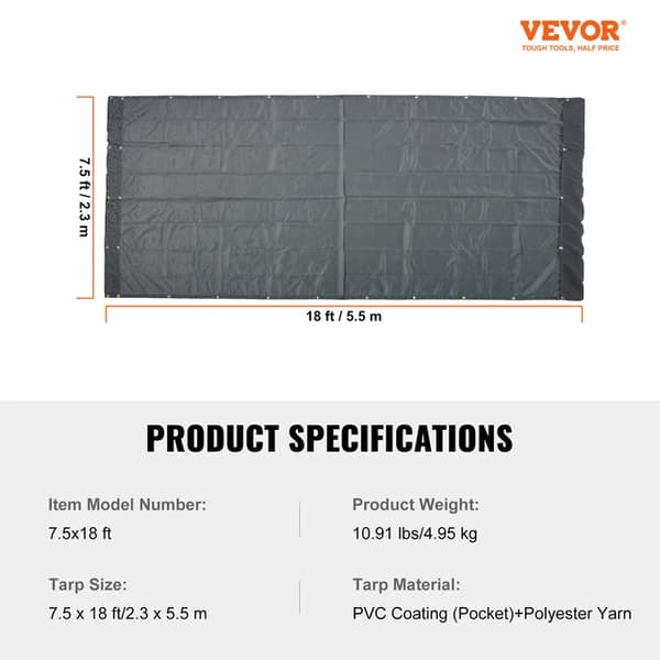Dump Truck Tarp, PVC Materiale, Dobbeltlommer, 7,5 x 18