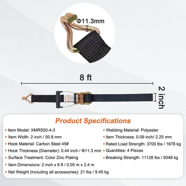 Ratchet Strop Fastgørelse, Metal Spænde, Stærk Lashing, 2 x 8 tommer