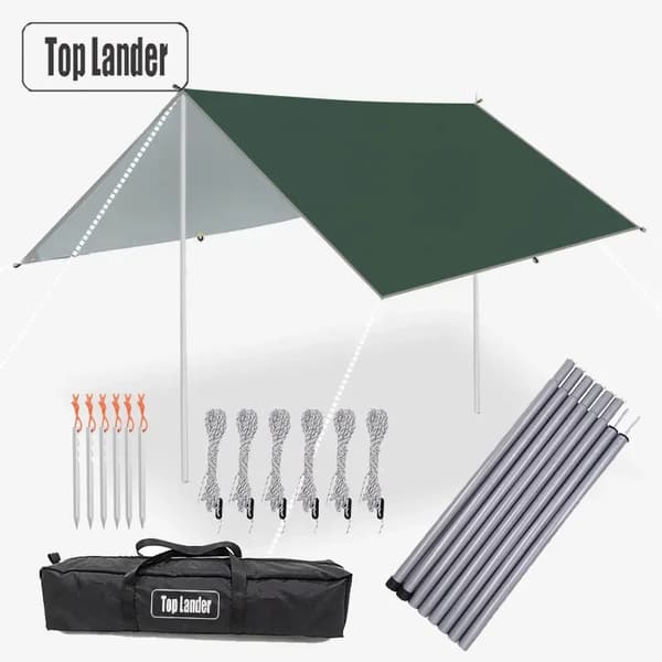 Ultralight Vandtæt Tarp, 190T Polyester, PU 3500mm Belægning, UV Beskyttelse,3x4m, Grøn Tarp Sæt