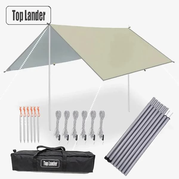 Ultralight Vandtæt Tarp, 190T Polyester, PU 3500mm Belægning, UV Beskyttelse,3x4m, Lys Khaki Tarp Sæt