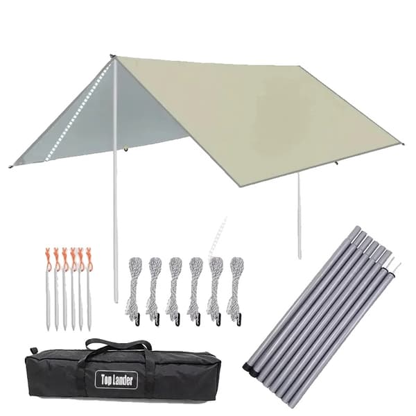 Ultralight Vandtæt Tarp, 190T Polyester, PU 3500mm Belægning, UV Beskyttelse,3x4m, Lys Khaki Tarp Sæt