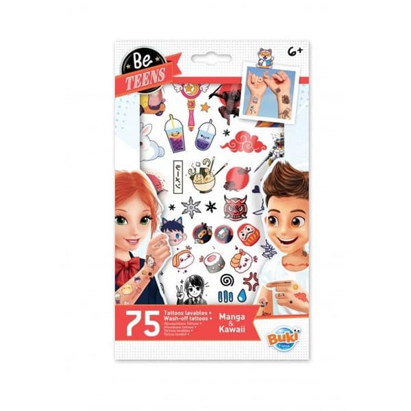 Tillfälliga tatueringar - Buki France - 75 Kawaii-tatueringar - Tvättbara - För barn - Unisex