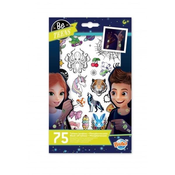 Tillfälliga tatueringar - Buki Frankrike - 75 tvättbara fosforescerande tatueringar - 2 ark - För barn - Unisex