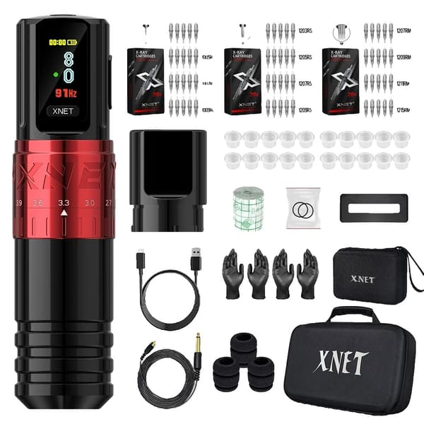 Trådløst Tatoveringsmaskine Kit, OLED Display, Justerbar Nålestreng 2.4-4.2mm,Rød en batteriSort