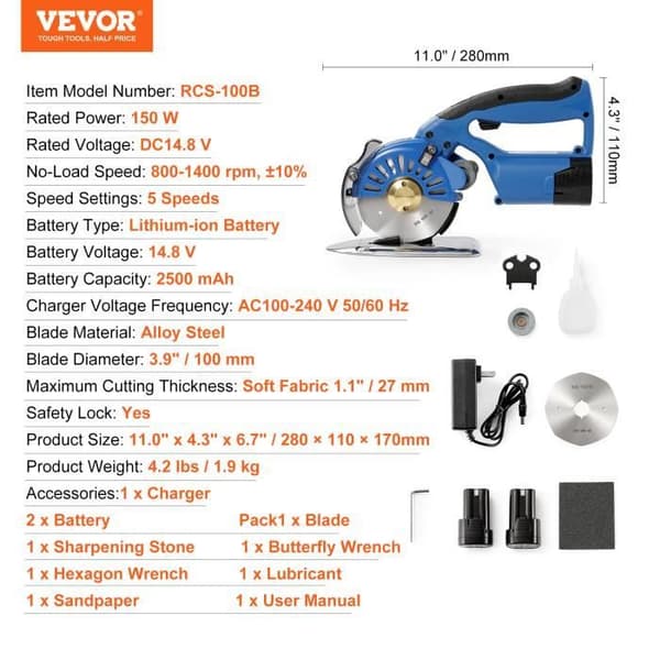 Elektrisk roterande tygskärare - VEVOR - 150W Elektrisk roterande tygskärare Skärtjocklek 27 mm Elektrisk skärblad 100 mm