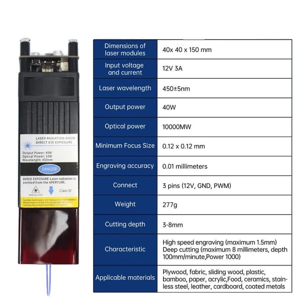 Laserkaiverrusmoduuli, 40W Teho, 10000MW Optinen Teho,40W