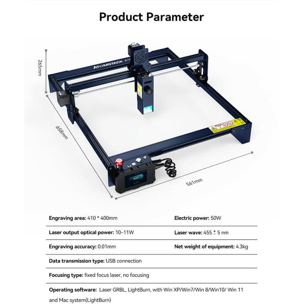 Lasergraver, 50W effekt, 410x400mm gravering område, forbedret øjenbeskyttelse