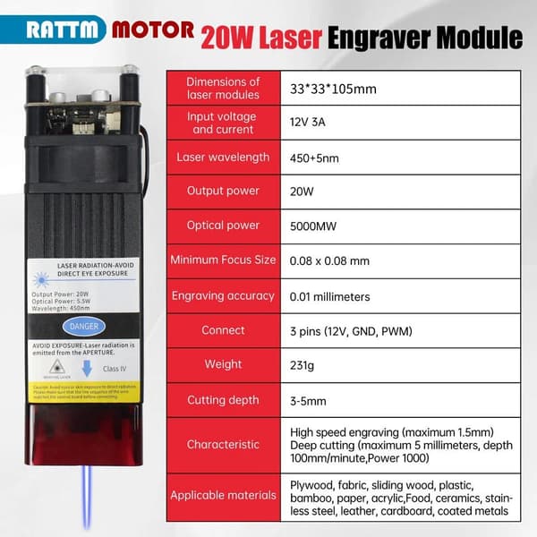 Lasergravyrmodul, 5000MW optisk effekt, 450NM våglängd,20W