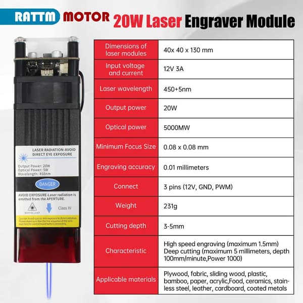 Laserkaiverrusmoduuli, 40W Teho, 10000MW Optinen Teho,20W