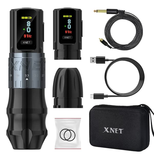 Tatuointikone, säädettävä isku 2.4-4.2mm, OLED-näyttö, 2400mAh akku,Hopea Kaksoisakku
