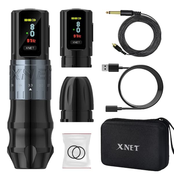 Tatuointikone, säädettävä isku 2.4-4.2mm, OLED-näyttö, 2400mAh akku,Hopea Kaksoisakku