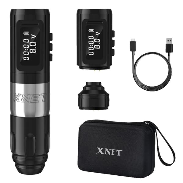 Langaton tatuointikone, 1800mAh akku, 10000 RPM moottori, koko 131mm x 32mm,Kaksinkertainen akku hopea