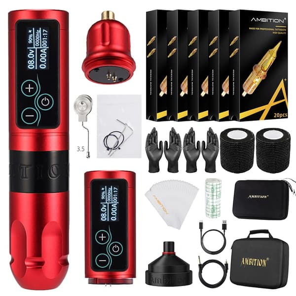 Trådløs Tattoo Maskine Sæt, 2400mAh Batteri, 10000RPM Motor,Rød KIT2