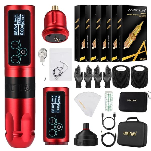 Trådløs Tattoo Maskine Sæt, 2400mAh Batteri, 10000RPM Motor,Rød KIT2