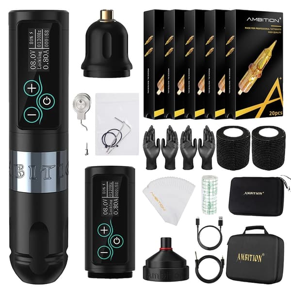 Trådløs Tattoo Maskine Sæt, 2400mAh Batteri, 10000RPM Motor,Sølv KIT2
