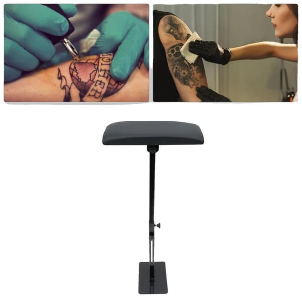 Justerbart tatueringsarm- och benstöd, hållbar aluminiumkonstruktion, bekväm PU-yta, flexibel höjdjustering.