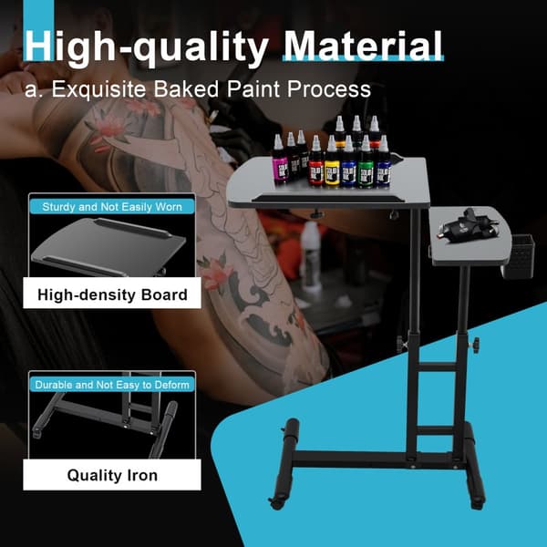 Tatueringsarbetsbänk, Justerbar Höjd 57,5-90 cm, Dubbel Arbetsyta 64x40 cm, Robust Järndesign