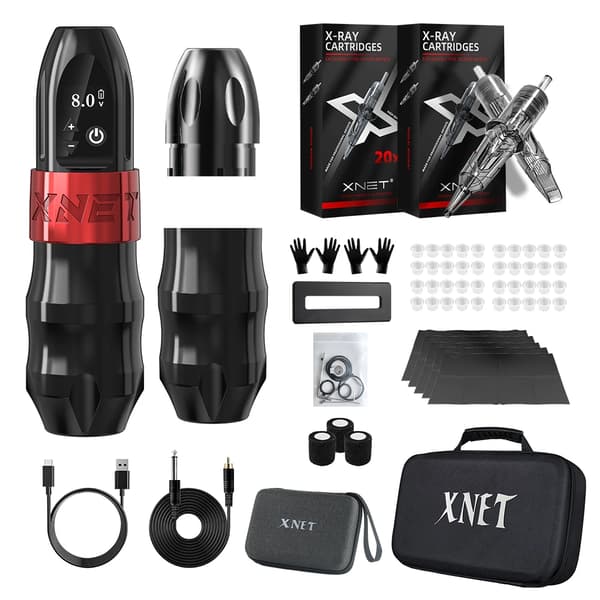 Trådløst Tatoveringsmaskine Kit, 38mm Greb, 2400mAh Batteri,Rød en batteri