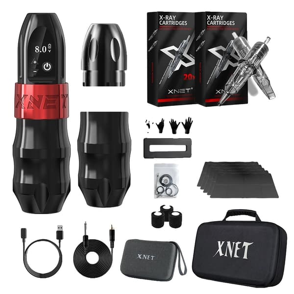 Trådlöst tatueringsmaskinskit, 38mm grepp, 2400mAh batteri,Röd en batteri