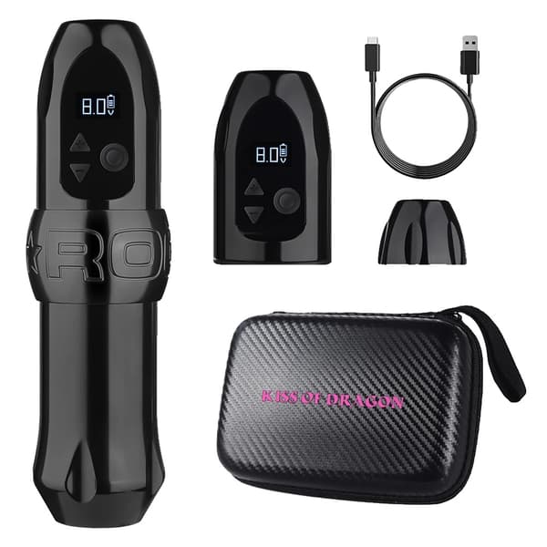 Tatueringsmaskin, trådlös drift, LCD digital display, kärnlös motor,Svart 2 Batterier