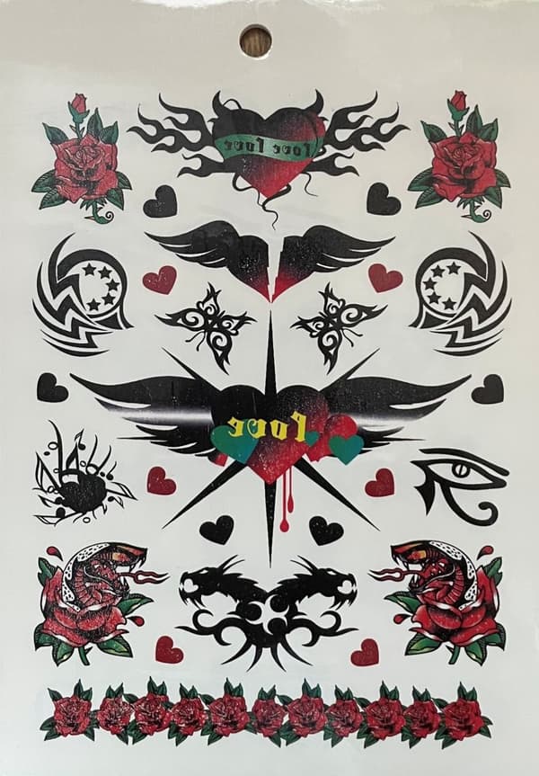 6 st Ark Temporära Tatueringar / Fake Tattoo Sticker - Ros / Fjäril / Rock / Bokstäver