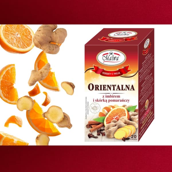 Yrtti- ja hedelmätee ORIENTAL inkiväärillä ja appelsiininkuorella 20 pussia / MALWA