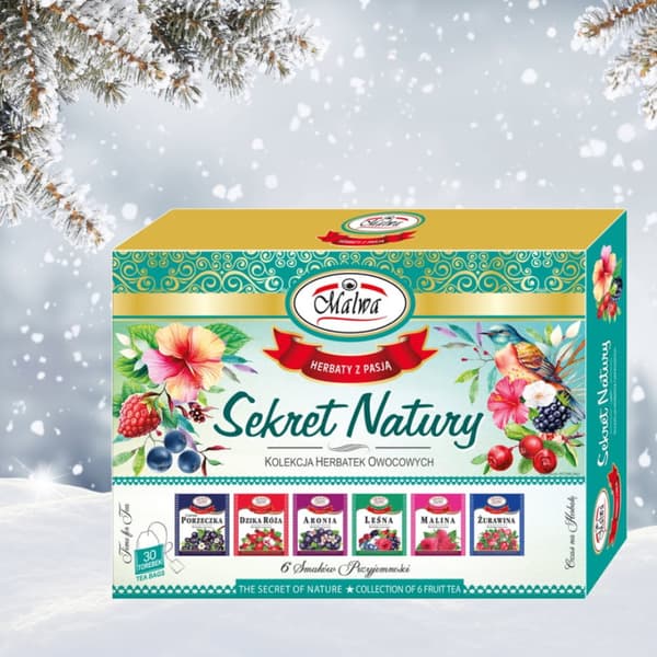 Samling af 6 frugtteer SECRET OF NATURE chokoladeæske 30 poser i kuverter / MALWA