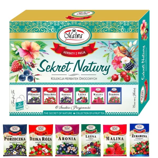 Samling af 6 frugtteer SECRET OF NATURE chokoladeæske 30 poser i kuverter / MALWA