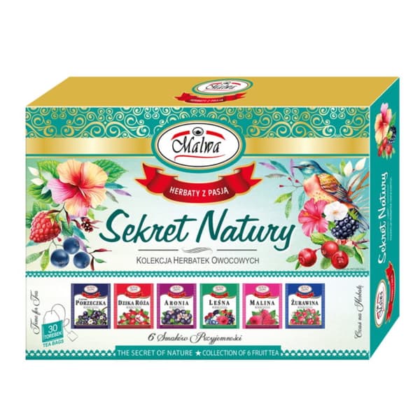 Samling af 6 frugtteer SECRET OF NATURE chokoladeæske 30 poser i kuverter / MALWA
