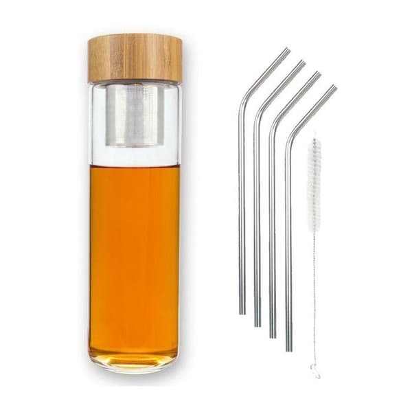 Teinfusionsflaska + 4 sugrör i rostfritt stål