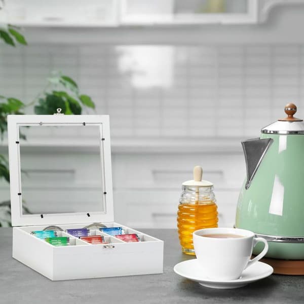 Relaxdays Te-box, trädeffekt, 7 fack för förvaring av tepåsar, presentkartong med fönster, HxBxD: 8x25x25,5 cm, vit
