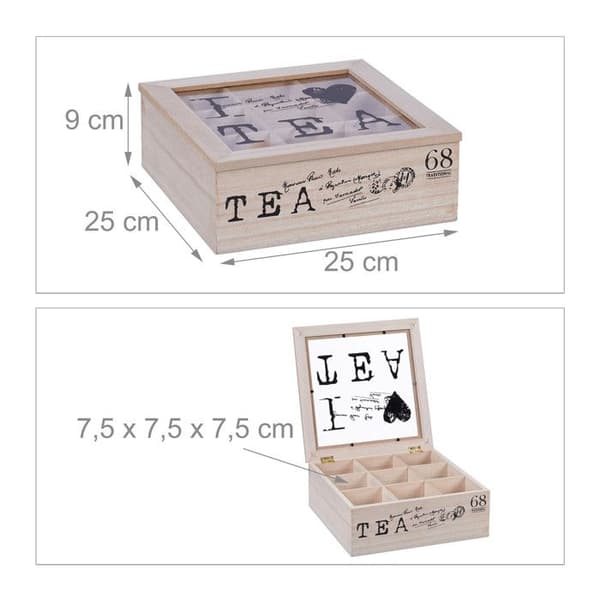 Relaxdays Teaskåp med 9 fack, i MDF och akryl, med lock, HLP: 9 x 25 x 25 cm, natur och svart