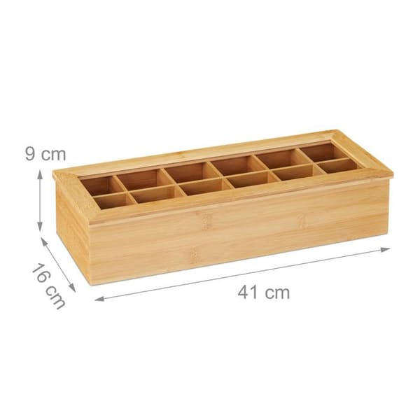 Relaxdays Teaskrin, bambu, 12 fackor, med litet fönster, organisatör, HxLxD ca. 9 x 41 x 16 cm, natur
