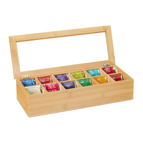 Relaxdays Teaskrin, bambu, 12 fackor, med litet fönster, organisatör, HxLxD ca. 9 x 41 x 16 cm, natur