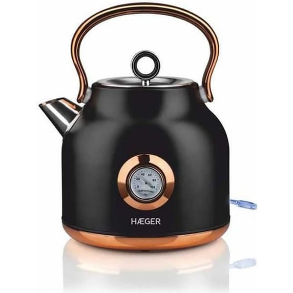 Haeger Art Deco Trådlös Elektrisk Vattenkokare Tekanna Svart Koppar 2200W 1,7L Temperaturdisplay Överhettningsskydd