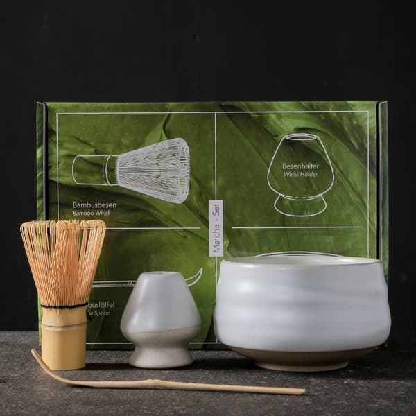 INF Matcha Visp Set CT Fyra Delar - Vit Keramik och Bambu