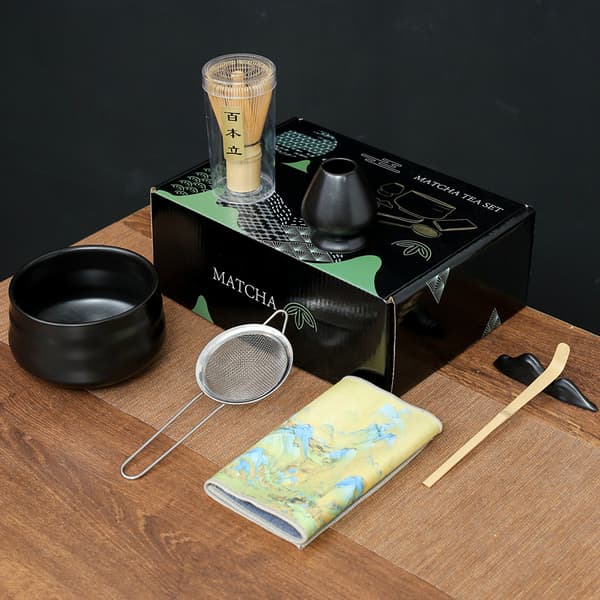 INF Elegant Black Matcha Whisk Set - 7 Piece Ceramic & Bamboo