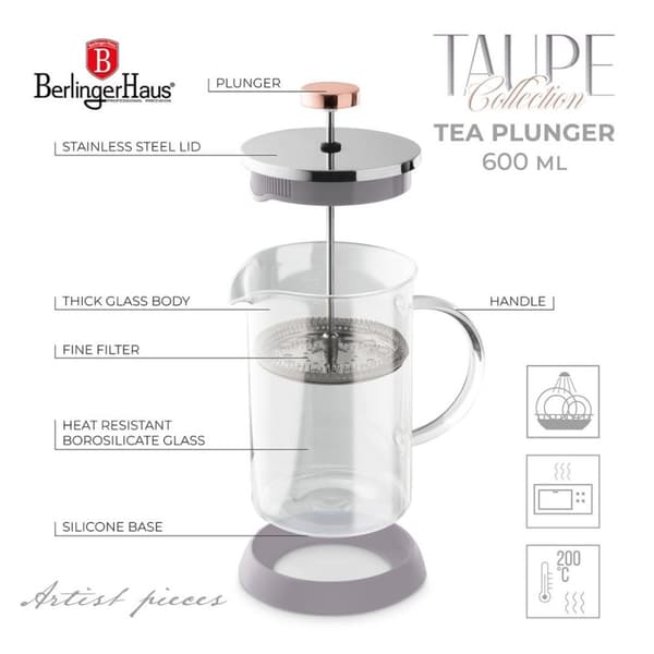Piston Kaffe- og temaskine 600ml Berlinger Haus Bh-8588 Taupe Lumarko!