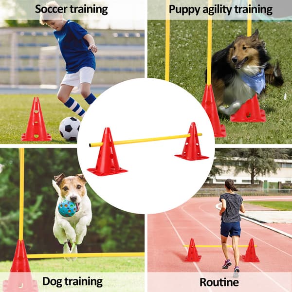 Set med 12 koner och 6 stänger, agility eller fotboll, hundhinder, röd och gul
