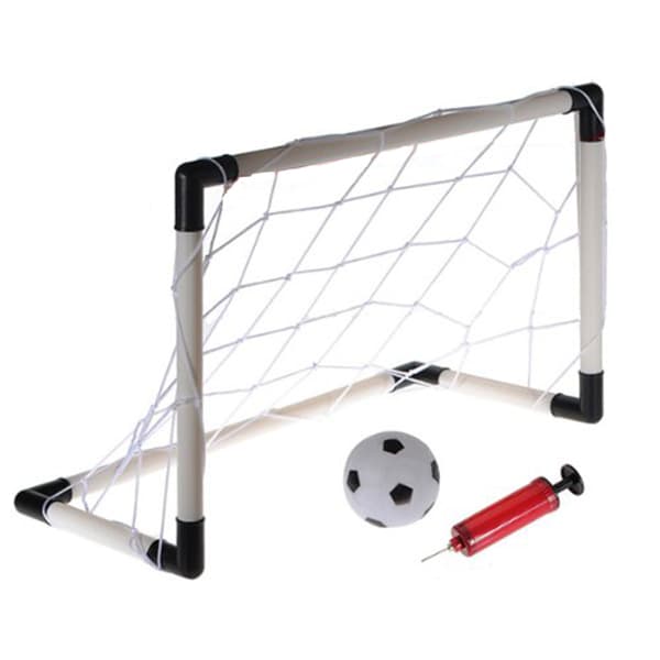 Set med 3 fotbollsmål + boll och pump