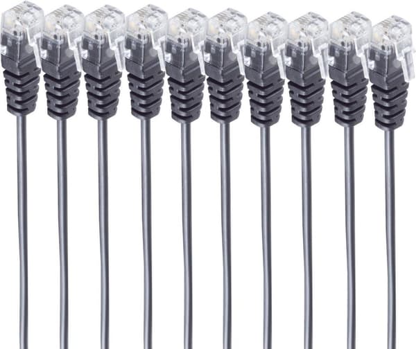 shiverpeaks ®-BASIC-S--telefonanslutningskabel, RJ11-kontakt till RJ11-kontakt, rund kabel, svart, flexibel, kopparkabel, SET 10 delar 1,5 m (BS70084-