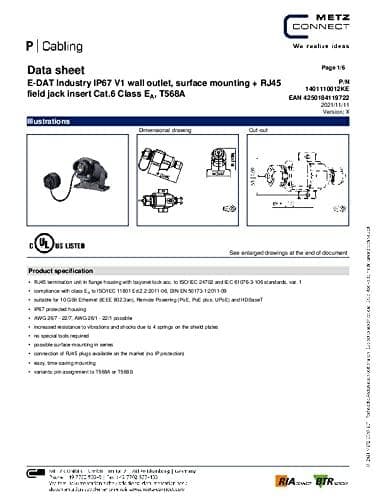 METZ CONNECT BTR E-DAT Industri - vægstik - velegnet til vægmontering - RJ-45 - sort (1401110012KE)