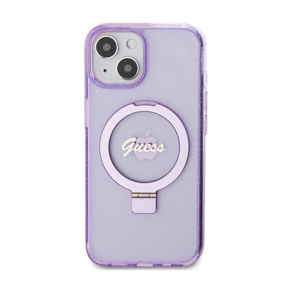 Guess Ring Stand Script Glitter MagSafe - iPhone 15 Plus cover (lilla)