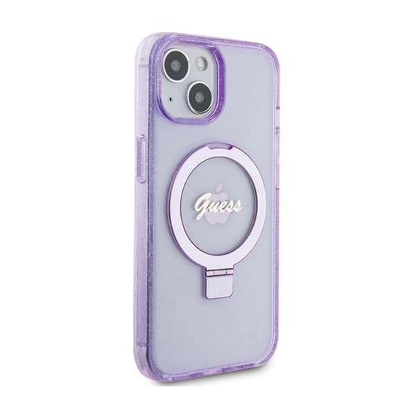 Guess Ring Stand Script Glitter MagSafe - iPhone 15 Plus cover (lilla)