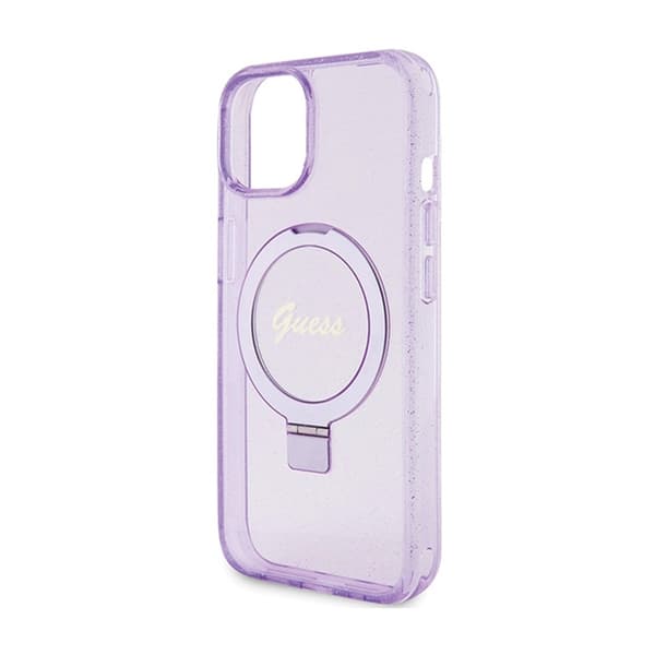 Guess Ring Stand Script Glitter MagSafe - iPhone 15 Plus cover (lilla)