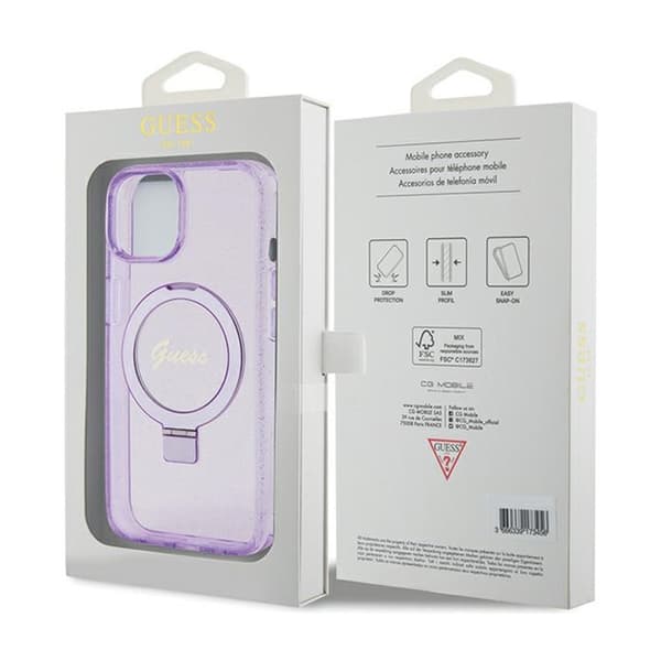 Guess Ring Stand Script Glitter MagSafe - iPhone 15 Plus cover (lilla)