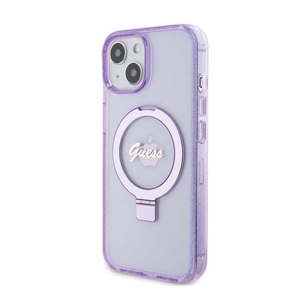 Guess Ring Stand Script Glitter MagSafe - iPhone 15 Plus cover (lilla)