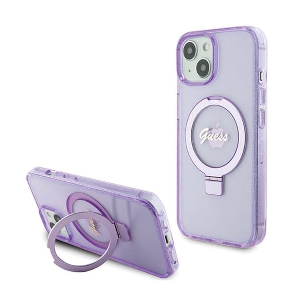 Guess Ring Stand Script Glitter MagSafe - iPhone 15 Plus cover (lilla)